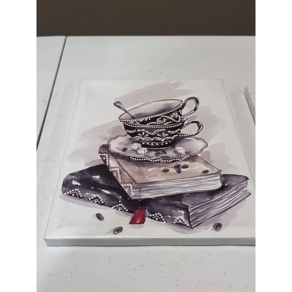 Vintage Style Teacup and Book Canvas Wall Art Set of 2 Kitchen Decor